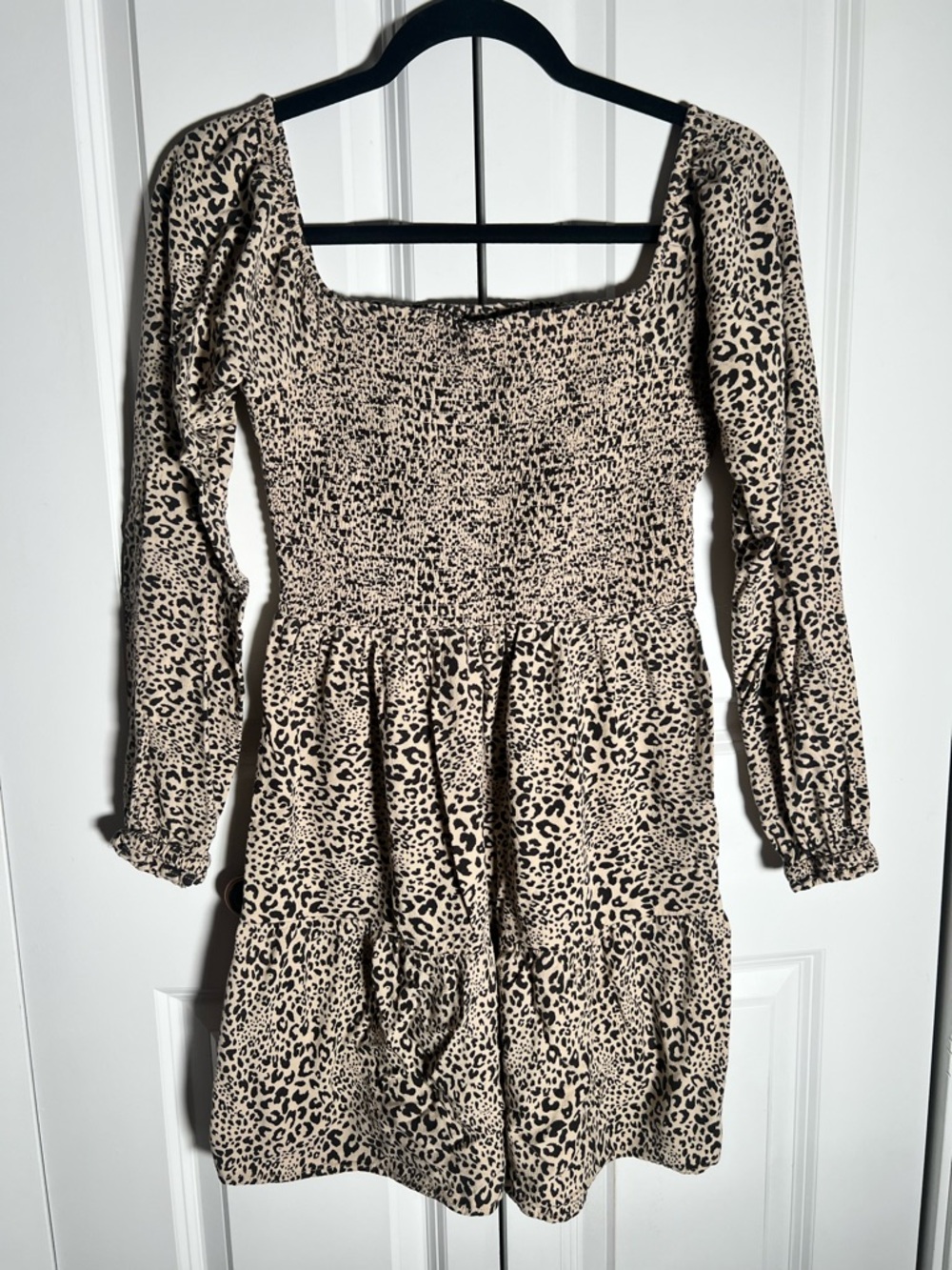 American Eagle Outfitters Beige and Black Leopard Print Smocked Mini Dress